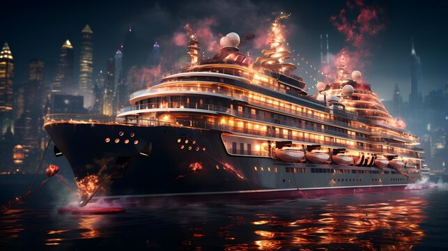 Cruise ship in the night city. 3d render illustration.