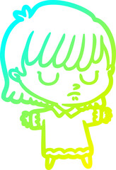 cold gradient line drawing of a cartoon woman