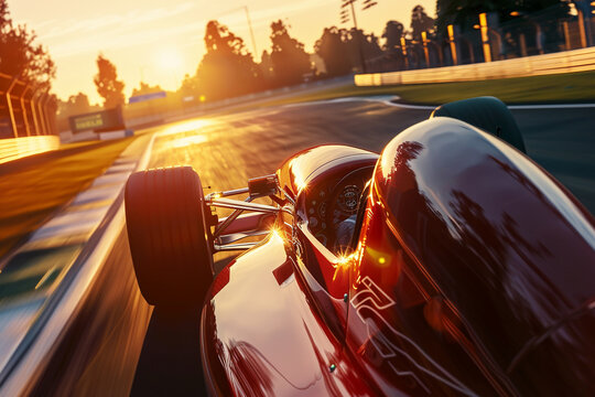 F1 car on Monza track, final lap, championship battle, golden hour, cockpit view, intense focus