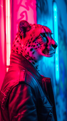 Fototapeta na wymiar Sleek cheetah adorned with tribal tattoos, wearing a leather jacket, against an urban graffiti backdrop, lit with neon lights, exuding urban chic and speed
