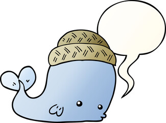 cartoon whale wearing hat with speech bubble in smooth gradient style