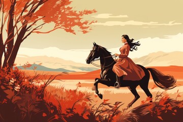 A woman elegantly rides sidesaddle on a prancing horse as they gallop through a dense forest. The horses mane and tail flow behind them as they move gracefully through the trees - obrazy, fototapety, plakaty