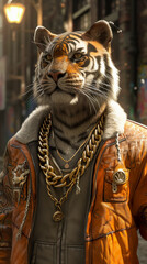 Trendsetting tiger in a bomber jacket, accessorized with gold chains, against a graffiti-filled alley backdrop, lit with streetlamp glow, exuding urban sophistication and edge