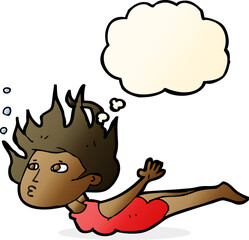 cartoon woman swimming underwater with thought bubble