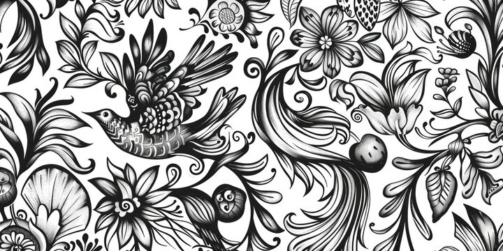 Simple black and white drawing of flowers and birds. Suitable for various design projects
