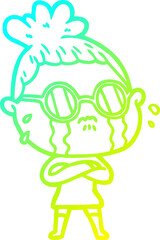 cold gradient line drawing of a cartoon crying woman wearing spectacles