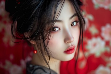 Naklejka premium Elegant Asian girl portrait. Model makeup. Generate Ai
