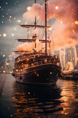 Naklejka premium Sailing ship in the middle of the city at night. 3d rendering