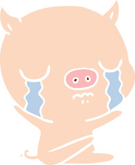 flat color style cartoon sitting pig crying