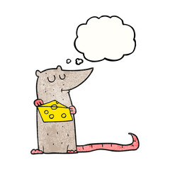freehand drawn thought bubble textured cartoon mouse with cheese