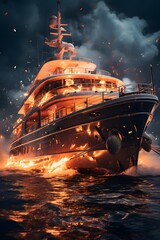 3D illustration of a big cruise ship in the sea with fire
