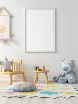 Bright children room with a simple blank wall and one 2x3 empty picture frame with white background