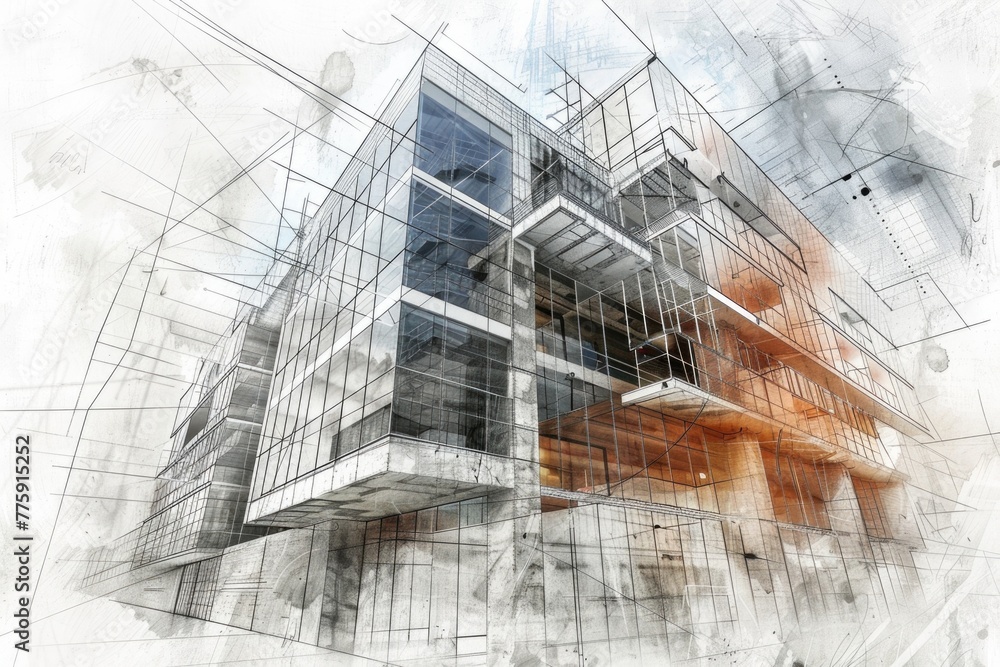 Poster drawing of a building against a clear sky, suitable for architectural and real estate concepts