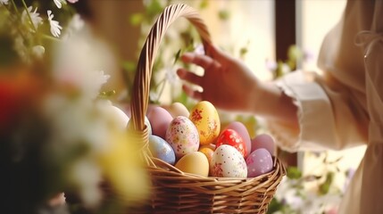 Immerse yourself in the beauty of Easter with this captivating photo, where a basket brimming with intricately decorated eggs takes center stage.
