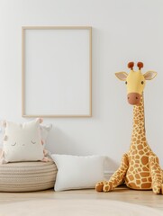 Bright children room with a simple blank wall and one 2x3 empty picture frame with white background