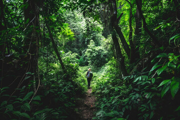 A photo of a person hiking through a lush green forest