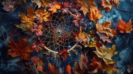 A dream catcher crafted from autumn leaves, its natural magic transforming nightmares into gentle dreams Autumnal magic, with detailed, colorful foliage - obrazy, fototapety, plakaty