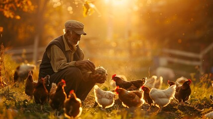 A farmer at dawn, feeding chickens in the golden light  serene, heartwarming, eye level, professional color grading, clean sharp,clean sharp focus, digital photography