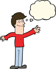 cartoon happy man waving with thought bubble