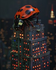 Fototapeta premium A giant ladybug perched atop a miniature skyscraper, its spots reflecting the city lights Urban camouflage, with detailed, glowing patterns