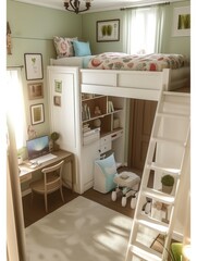 Small bedroom, bunk bed and desk