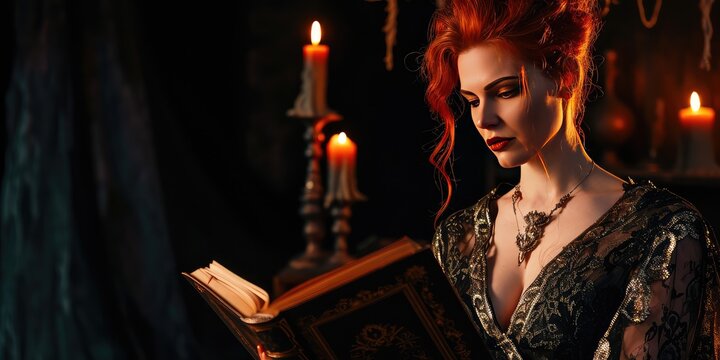 A witch, draped in a captivating lace dress, embraces the arcane arts, her spellbook aglow in the warm radiance of candle flames, casting a spellbinding aura.