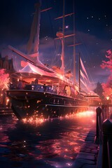Sailing ship in the night city. Panoramic image. - obrazy, fototapety, plakaty