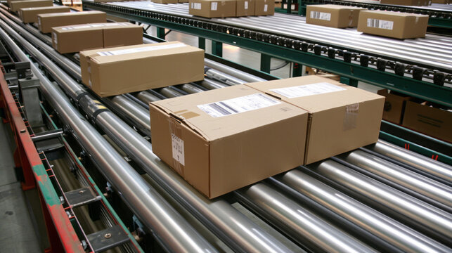Cardboard boxes on conveyor rollers ready to be shipped by courier for distribution