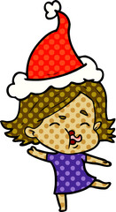 hand drawn comic book style illustration of a girl pulling face wearing santa hat