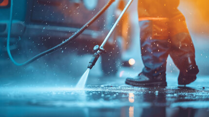 Close up of worker cleaning driveway with gasoline high pressure washer - obrazy, fototapety, plakaty