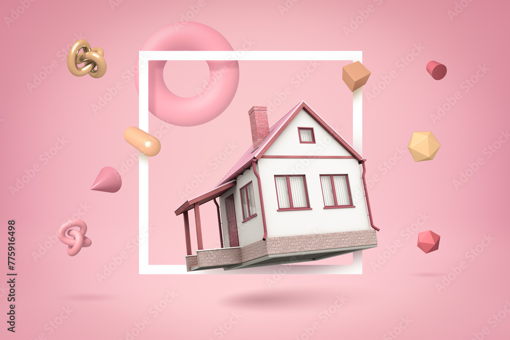 Poster 3d rendering of white private house with random things on pink background