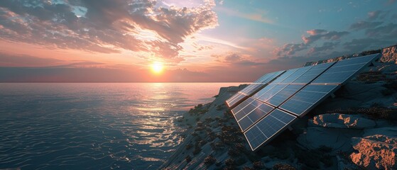 A series of solar cells on a cliff face, facing the horizon, greeting the sunrise with open circuits, ready to harness the day - obrazy, fototapety, plakaty