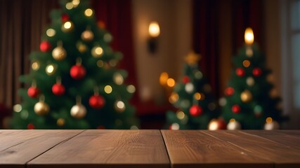 Fototapeta na wymiar Empty table in front of christmas tree with decoration background Generative AI