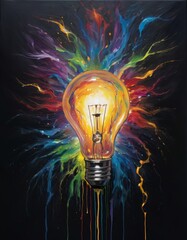 A vividly painted light bulb explodes with a spectrum of colors, symbolizing powerful ideas and creativity, perfect for inspirational and innovative themes.