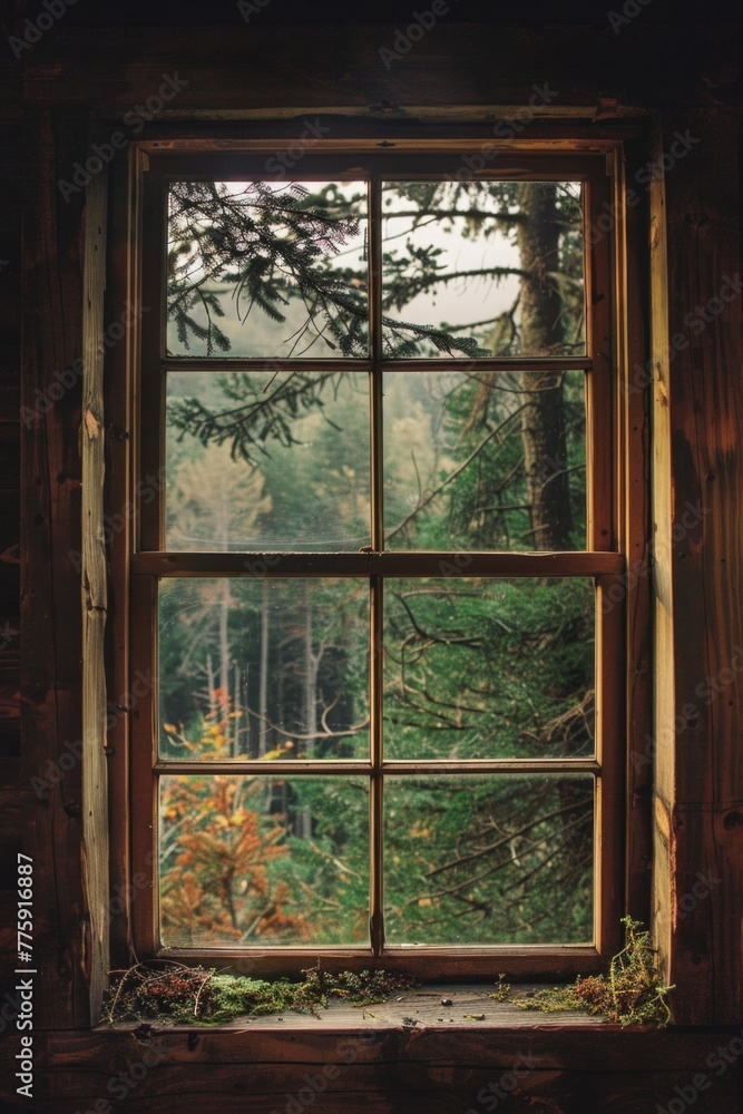 Poster A window with a view of a forest. Suitable for nature and relaxation concepts