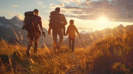 Back view of a family on a hike, walking through a sunlit field towards a mountain at sunset