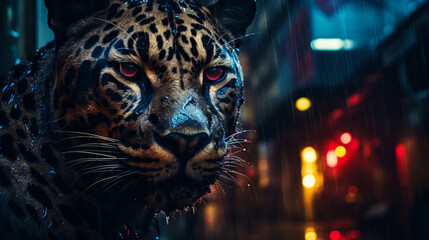 he enigmatic panther, clad in a sleek midnight velvet coat, prowls through a neon-lit urban jungle. A diamond-studded collar gleams, and its emerald eyes reflect the city's nocturnal mystique, exuding