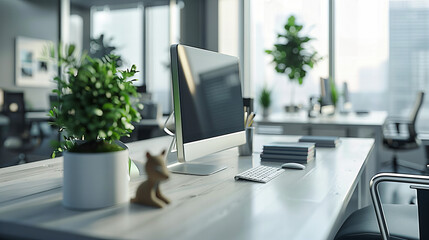 Fototapeta premium Modern Office Desk Setup with Technology and Creative Space, Professional and Clean Workplace Design
