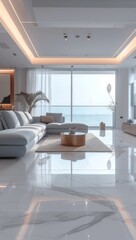 Fototapeta na wymiar Low angle Living room tiles, white and light blue, Minimalist style