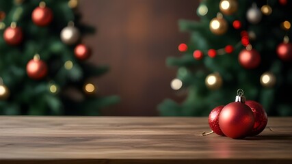 Empty table in front of christmas tree with decoration background Generative AI