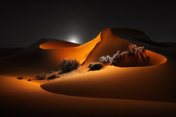 Night desert sand dune landscape plants moonlight