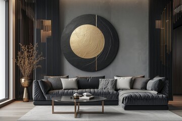Modern black and gold abstract canvas picture for living room wall, flawless line work, dark gray.