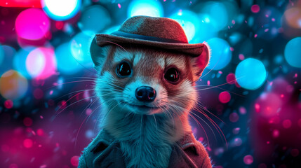 Modish mongoose in a tailored blazer, wearing a fedora hat, amidst a bustling cityscape backdrop, lit with urban neon, exuding metropolitan sophistication and style - obrazy, fototapety, plakaty