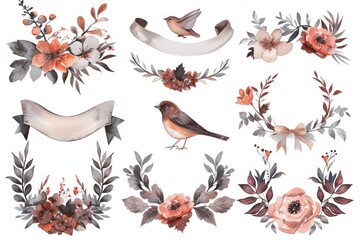 Beautiful watercolor flowers and birds, perfect for various design projects