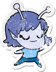 distressed sticker of a smiling alien girl cartoon