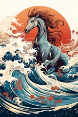 A regal hippocampus, resembling a horse, stands gracefully on a wave in the ocean, showcasing power and beauty in motion