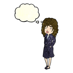 cartoon woman in trench coat with thought bubble