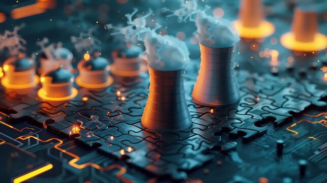 AIdesigned modular nuclear reactors that can be rapidly deployed, shown as puzzle pieces of the power generation puzzle