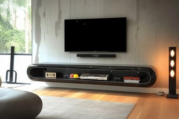 Interior design of a black gloss floating shelf TV stand