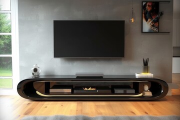 Interior design of a black gloss floating shelf TV stand